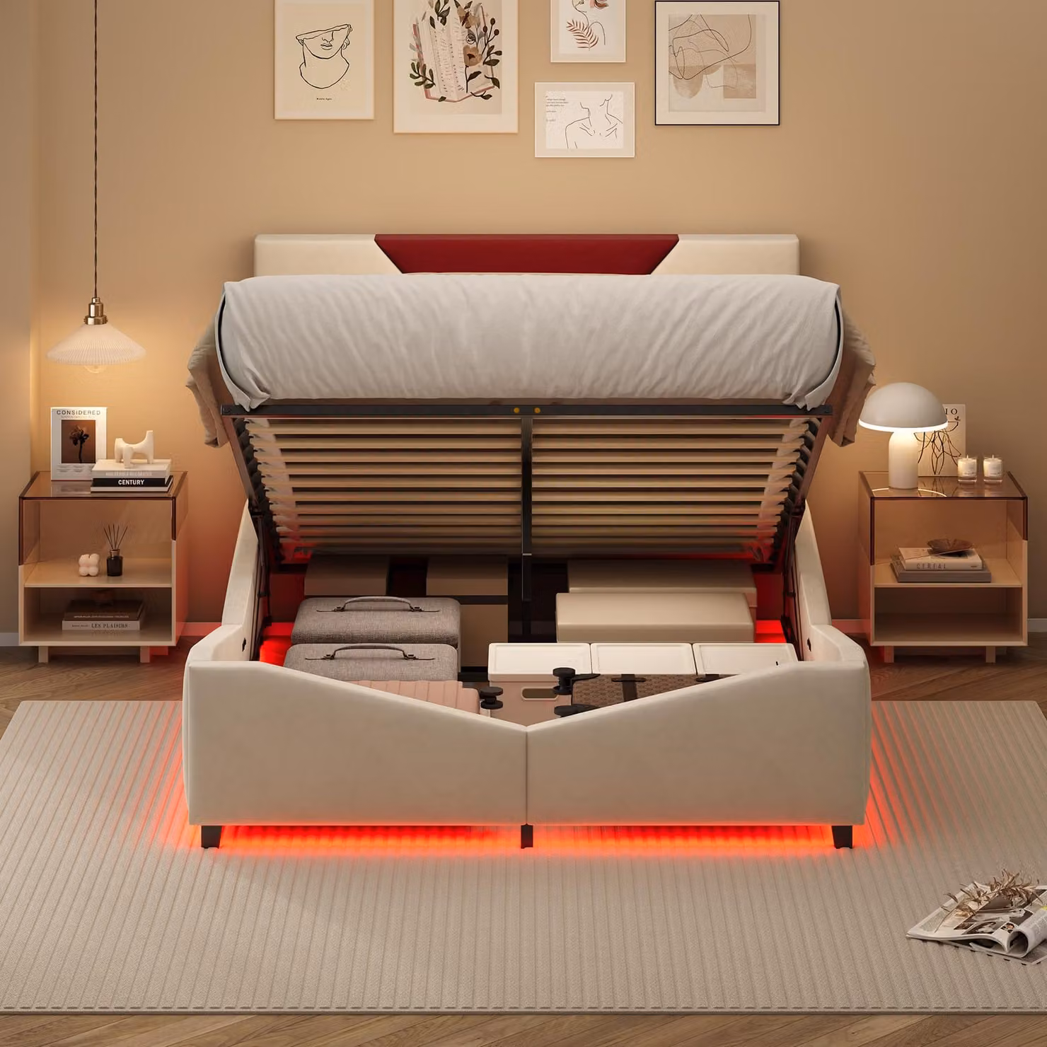 UnboxG Letto imbottito 140×200 cm Beige – Letto matrimoniale con sollevatore a gas, illuminazione a LED e ampio spazio di stivaggio sotto il letto, letto moderno in tessuto per camera da letto, salvaspazio, comodo e resistente