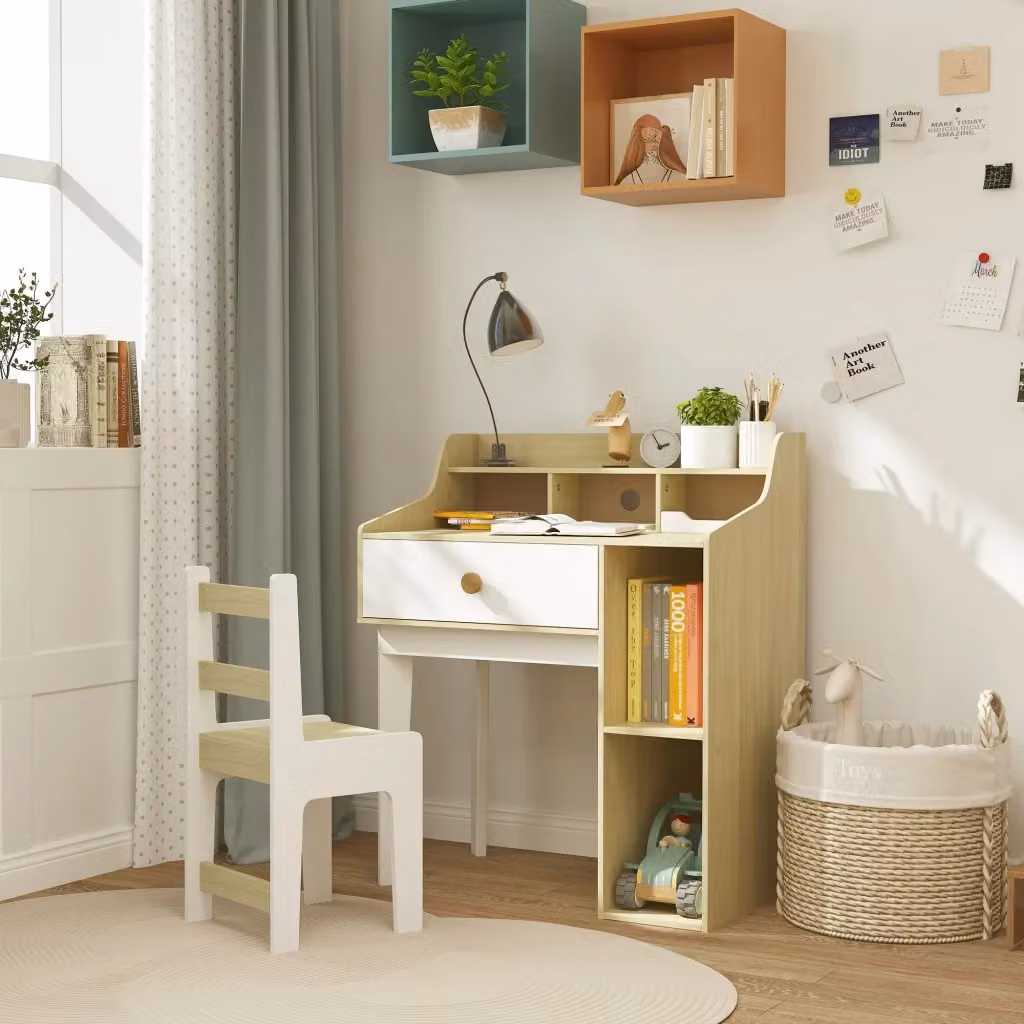 Banco Scuola per Bambini GIORDANOSHOP con Scaffali e Cassetto Bianco e Legno – 2