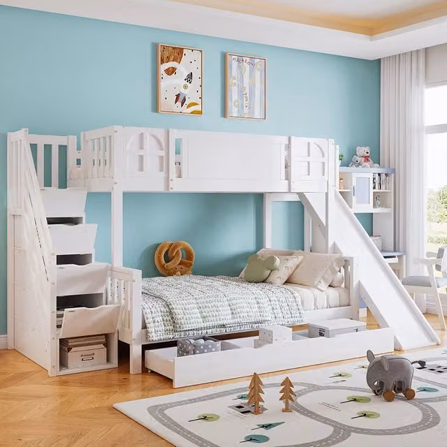 Letto a castello con scivolo e cassetti - Xylo - 90x200cm bianco, 4 ripiani
