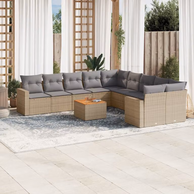 vidaXL Set Divani da Giardino 11 pz in Polyrattan con Cuscini Beige e Tavolino da Esterno
