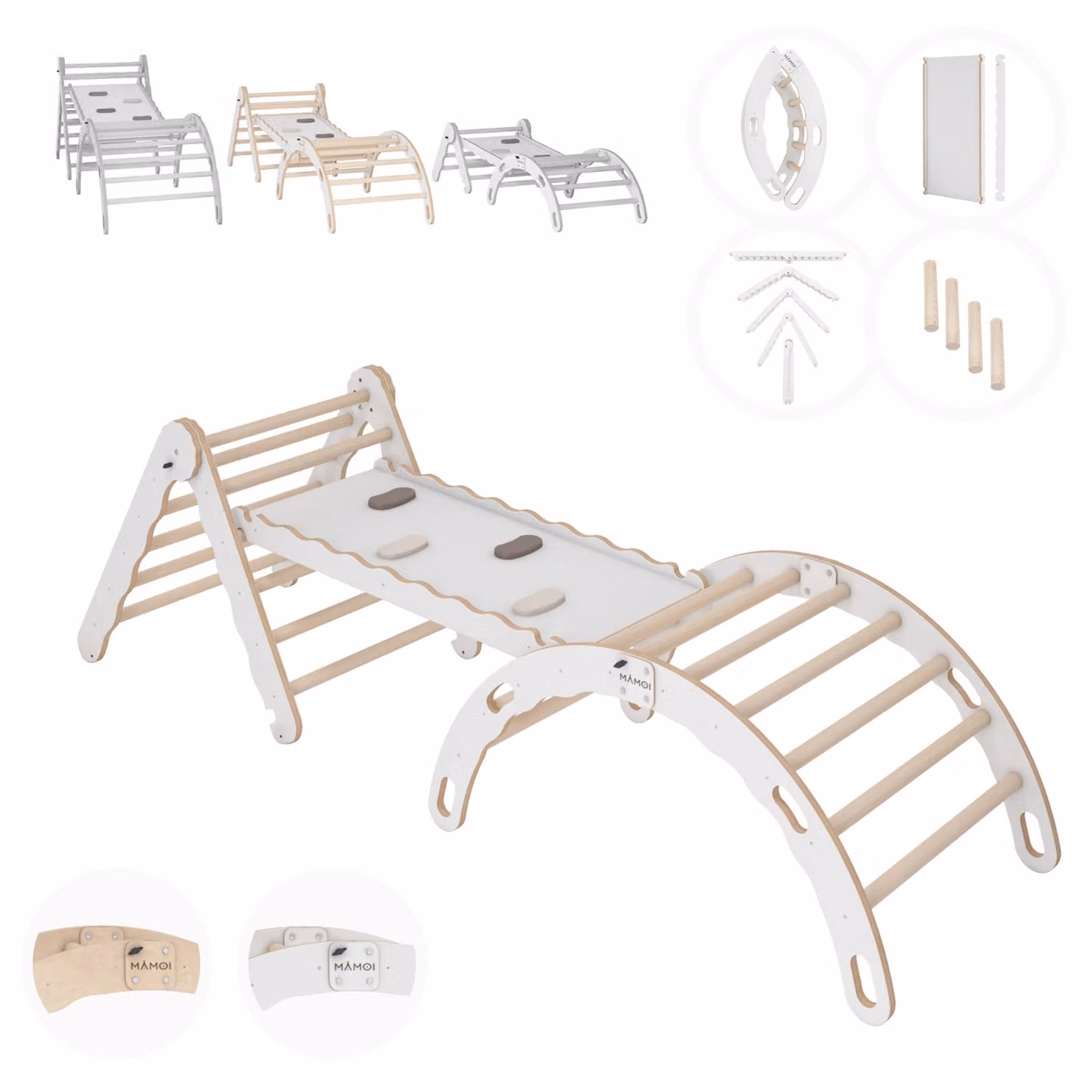 MAMOI® Set struttura di arrampicata per interni, triangolo di arrampicata con scivolo in legno, arco di arrampicata, arrampicata per bambini, altalena arcobaleno con tavola di scorrimento, arco in legno