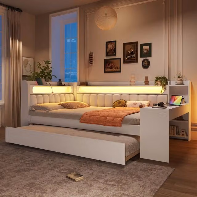 Letto Imbottito con Letto Estraibile e Scrivania ¨C MINIMAL ¨C Bianco, LED, USB, 140x200
