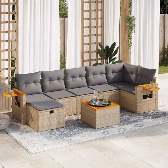 Set Divano da Giardino 8 pz con Cuscini Beige in Polyrattan 3325993