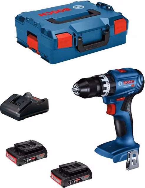 Trapano a percussione Bosch GSB 18V-45 con 2 batterie da 2,0 Ah, caricabatterie GAL18V-20 e L-Boxx 136, colore blu