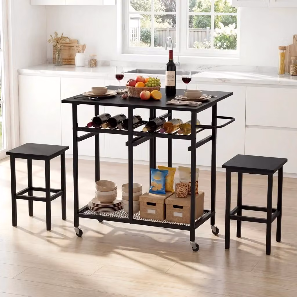 Set da pranzo moderno composto da tavolo quadrato nero con ruote e 2 sgabelli per 6 persone – 2