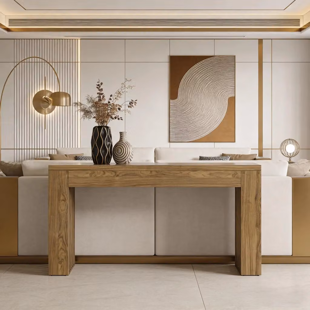 Consolle da ingresso Mivray in MDF marrone con superficie effetto venatura del legno e dettagli laterali a doghe 150 cm – 2
