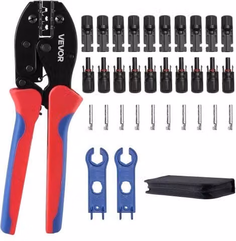 VEVOR Kit Crimpatura per Spina Solare 2,5-6 mm² in Acciaio con Pinze a Cricchetto, Marcature Metriche e AWG, 10 Coppie di Connettori Solari e 10 Coppie di Connettori per Cavi con Custodia, Multicolore