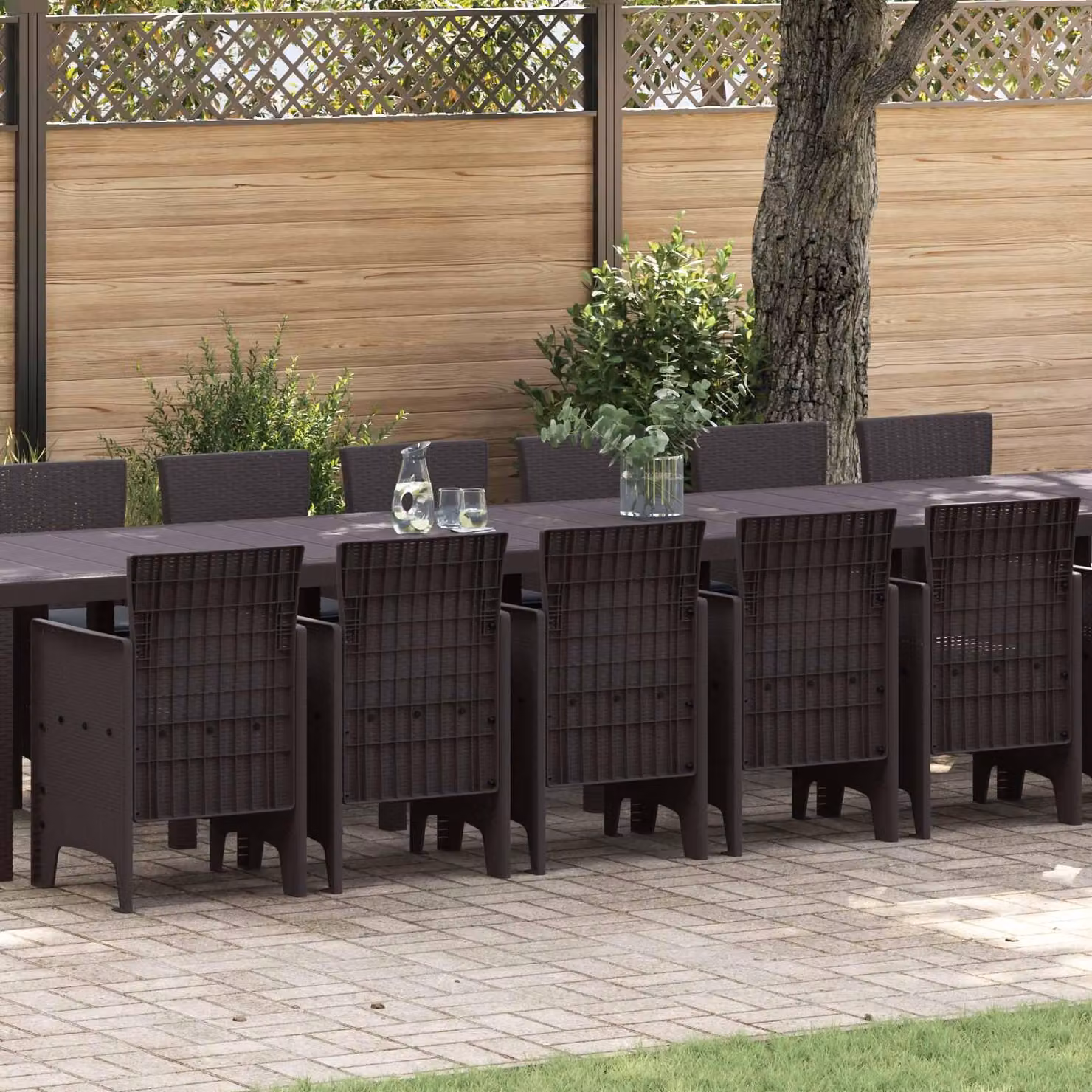 Maison Exclusive - Set da pranzo per giardino con cuscini, 17 pezzi, colore marrone, materiale: polipropilene