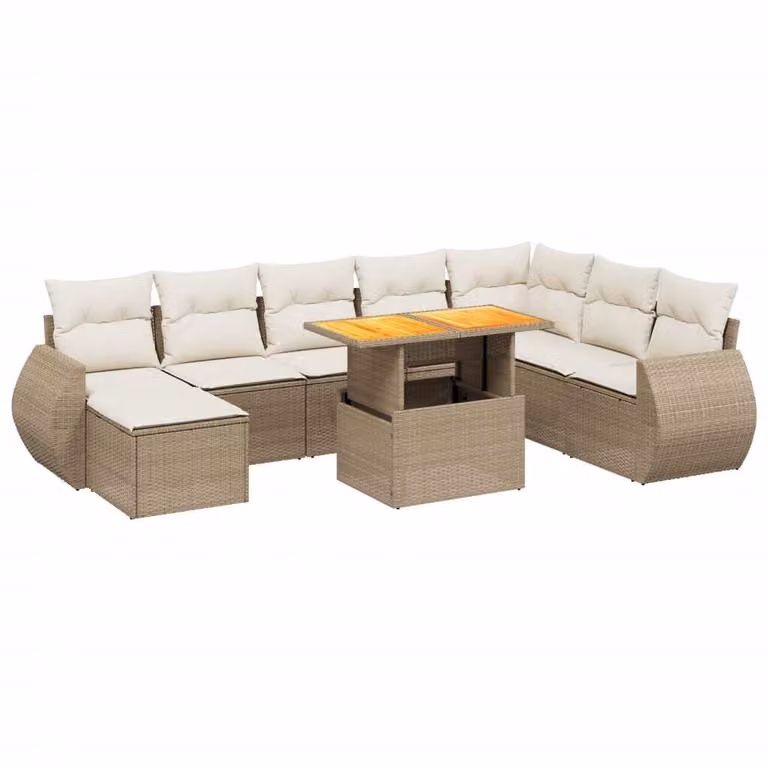 Set Divano da Giardino 9 pz con Cuscini Beige in Polyrattan