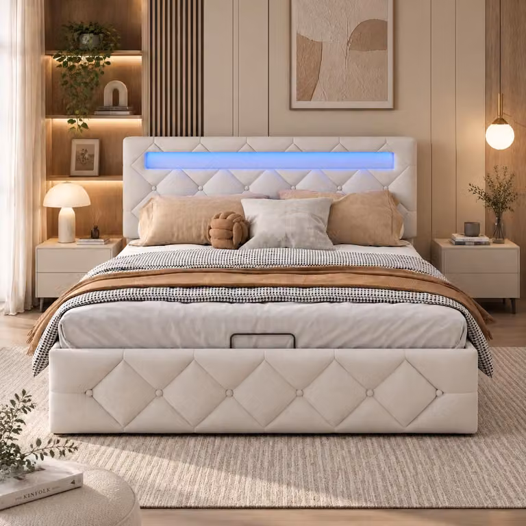 Letto idraulico imbottito INONEFT, 140x200 cm, con LED, letto per ragazzi con poggiatesta regolabile in altezza, struttura del letto con rete a doghe, rivestito in velluto, colore crema-bianco