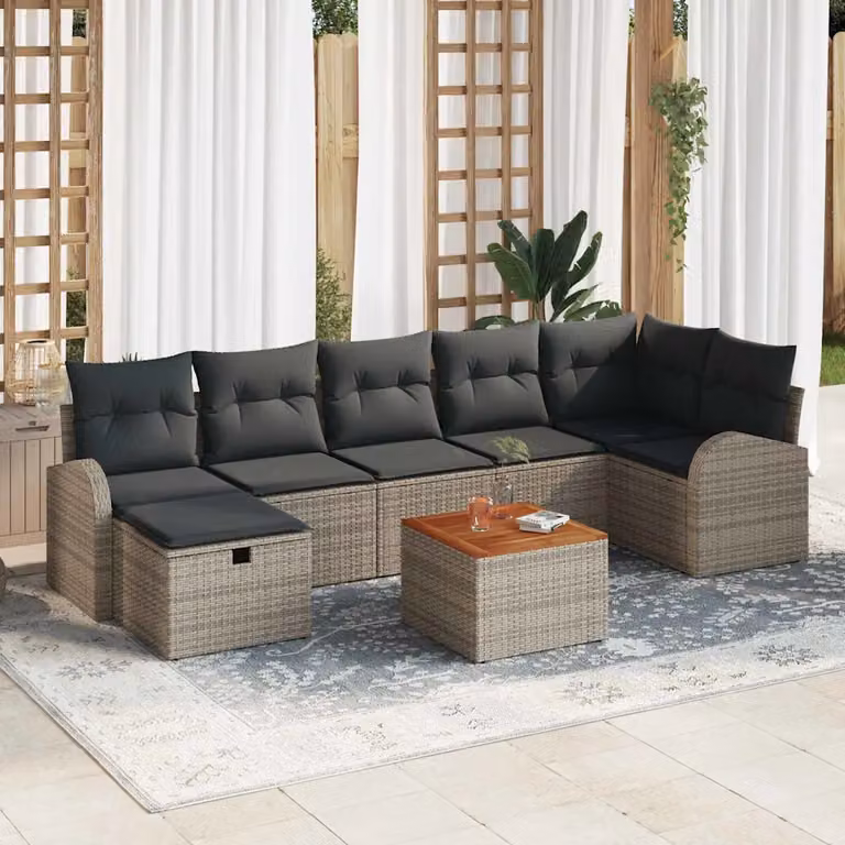 Set Divano da Giardino a L vidaXL in Polyrattan Grigio con Cuscini e Tavolino da 8 Pezzi