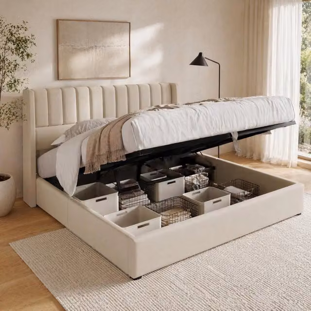 Desviae Letto matrimoniale contenitore idraulico con testiera imbottita rete a doghe rivestito in lino beige