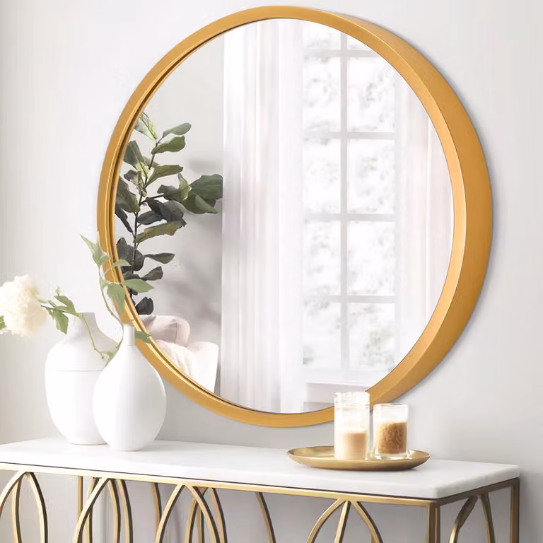 Specchio da parete rotondo, ideale per il bagno, con cornice in metallo dorata, piccolo specchio da trucco