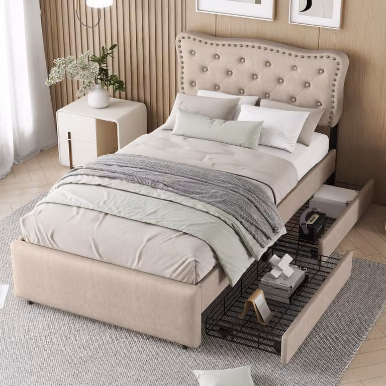 MODFU letto imbottito 90*200 cm con 2 cassetti, testiera ondulata con rivetti, beige scuro.