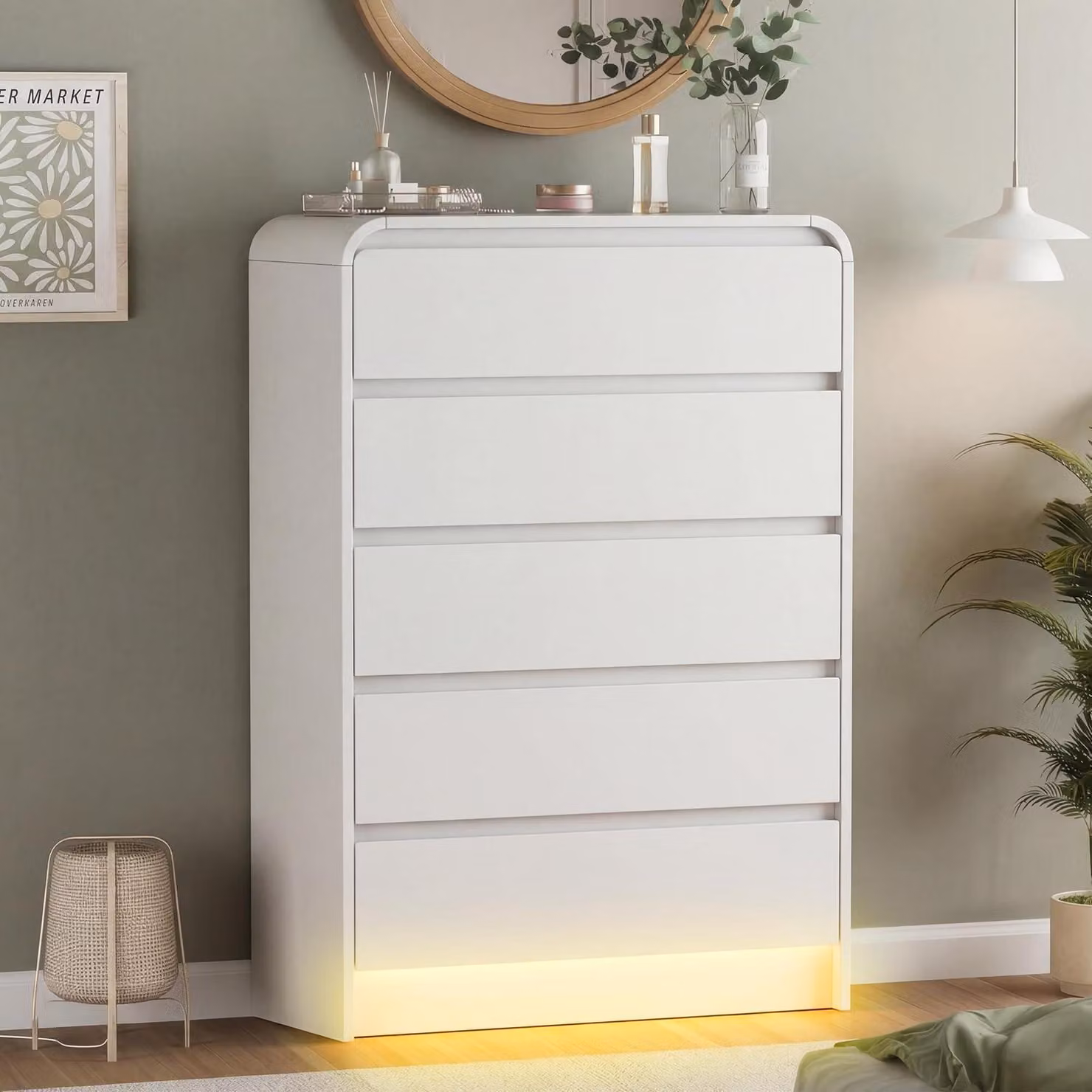 Comodino bianco con 5 cassetti, illuminazione LED e sistema di sicurezza anticaduta, dimensioni 73x40x110 cm