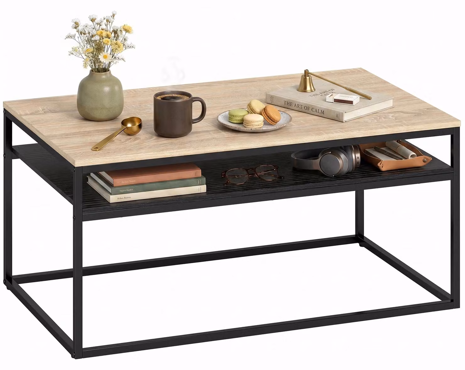 Tavolino da salotto – Tavolino con ripiano – 100 x 59,8 x 47 cm – Rettangolare – Legno con struttura in metallo – Design moderno minimalista – Nero