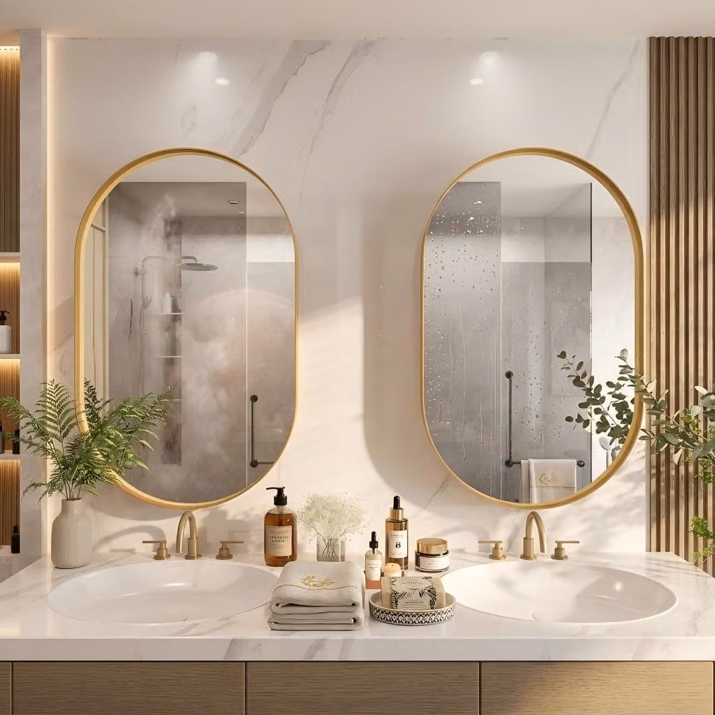 AIORBER Armadio a specchio ovale con spazio contenitivo, armadio a specchio da bagno con telaio in metallo e ripiani regolabili, da parete o da incasso, oro