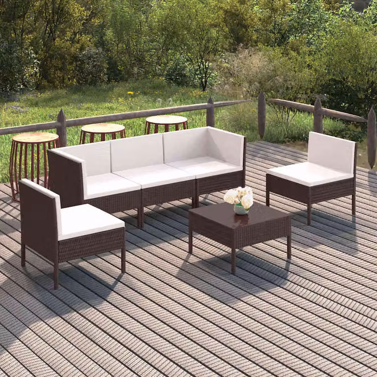 Set da giardino vidaXL 6 pz in rattan marrone con cuscini bianchi e tavolino da caffè