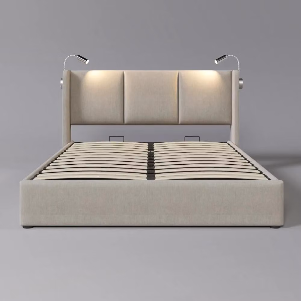 Struttura del letto imbottita - 140 x 200 cm - Con spazio contenitivo - Presa USB - Retino - Tessuto di lino beige