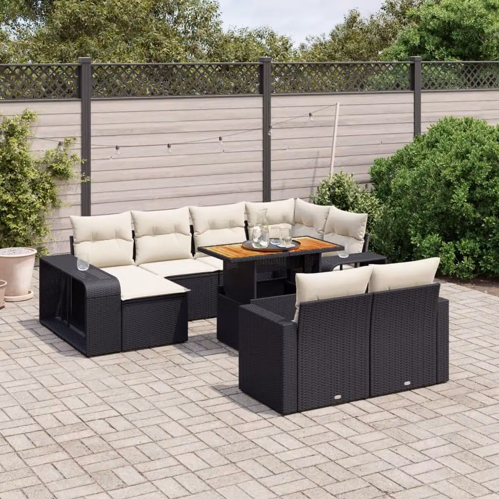 vidaXL Set Divani da Giardino 11 pz in Polyrattan Nero con Cuscini e Tavolino da Esterno – 1