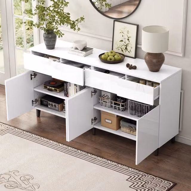Credenza bianca lucida 160x40x68 cm – 4 cassetti, 4 ante, ripiani regolabili