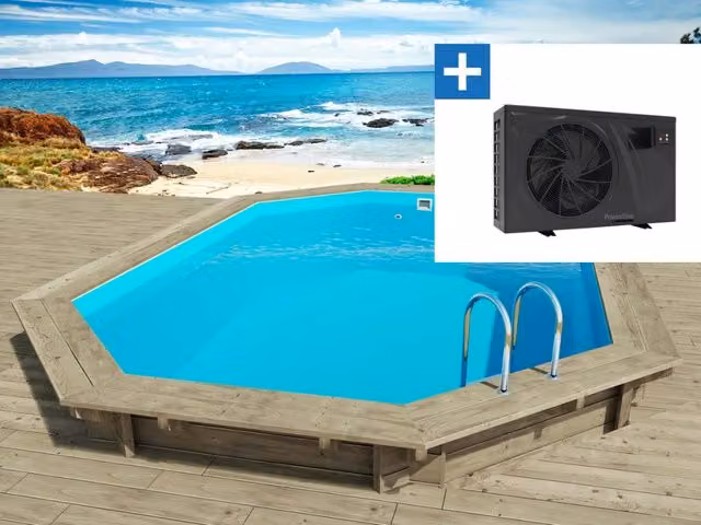 Piscina ovale in legno Northern Wood Florida 145 marrone con pompa di calore, filtro e scala, L: 657 cm, P: 457 cm, H: 144 cm