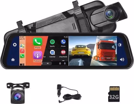 Retrovisore con Dashcam Bluetooth e Carplay da 9,66 pollici Full HD con Visione Notturna e Telecamere Anteriore e Posteriore, Colore Nero