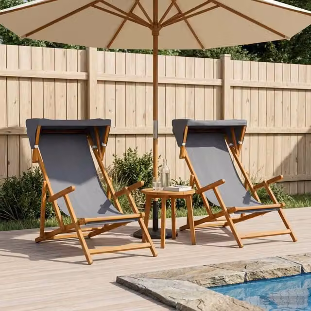 Set di 2 lettini prendisole vidaXL in legno di eucalipto massello oliato con tessuto grigio resistente ai raggi UV per giardino e terrazzo