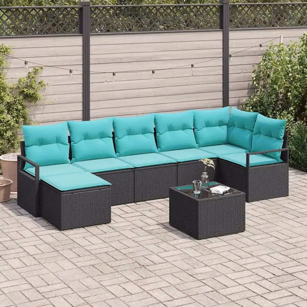 Set di divani da giardino vidaXL a forma di U composto da 8 pezzi con sedute imbottite e tavolino, colore nero e turchese, in rattan e metallo con cuscini inclusi