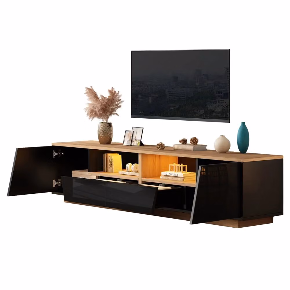 Mobile TV Minimal Nero effetto legno con illuminazione LED integrata, adatto per TV fino a 75 pollici, L/P/H: 180 x 40 x 46 cm – 2