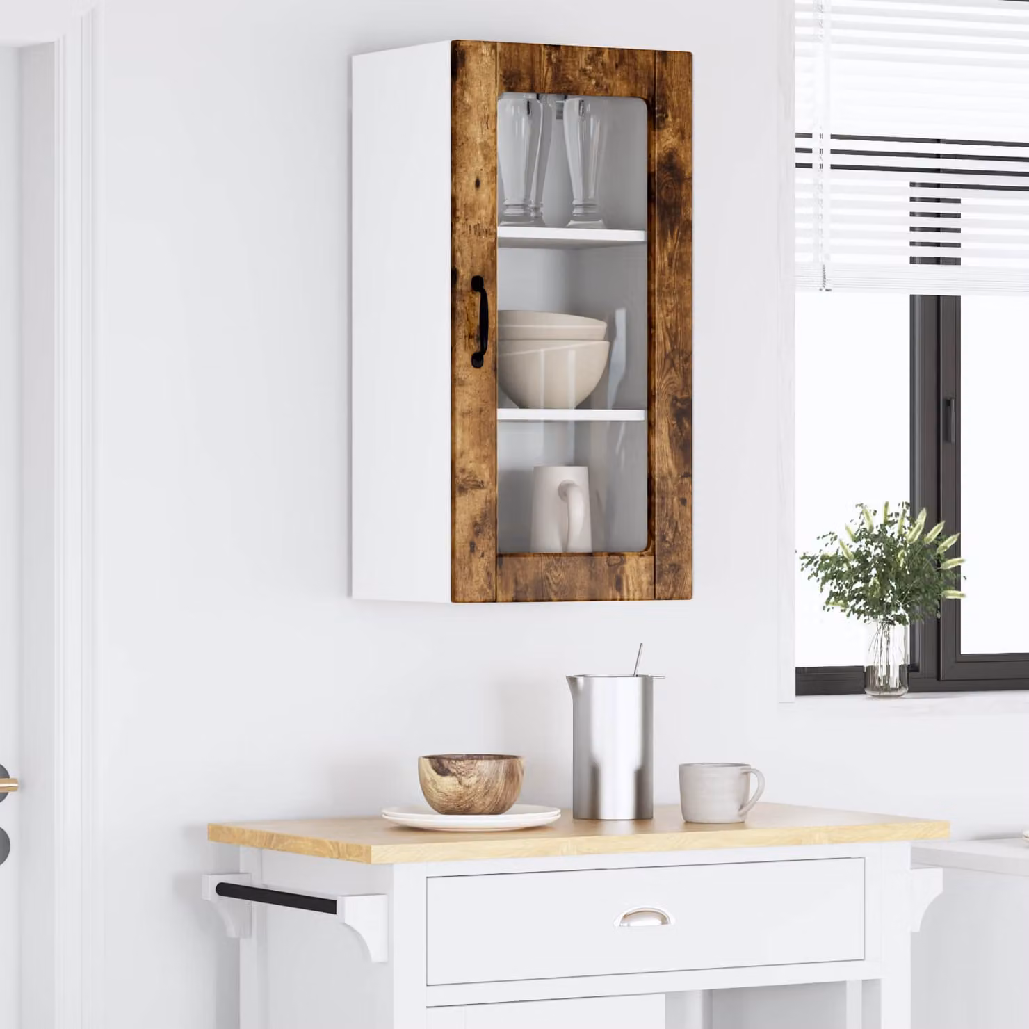 Mobile da parete LUCCA vidaXL in legno e vetro con ante in vetro, Rovere Fumo e Bianco, L/P/H: 40 x 31 x 80 cm