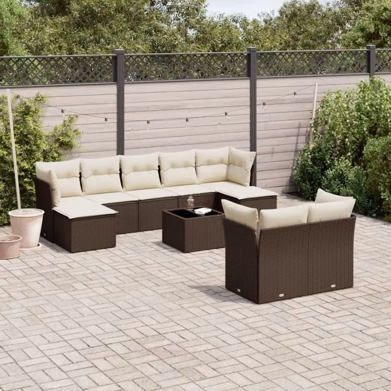 vidaXL Set Divani da Giardino 10 Pezzi in Polyrattan Marrone con Cuscini Bianchi e Tavolino da Esterno