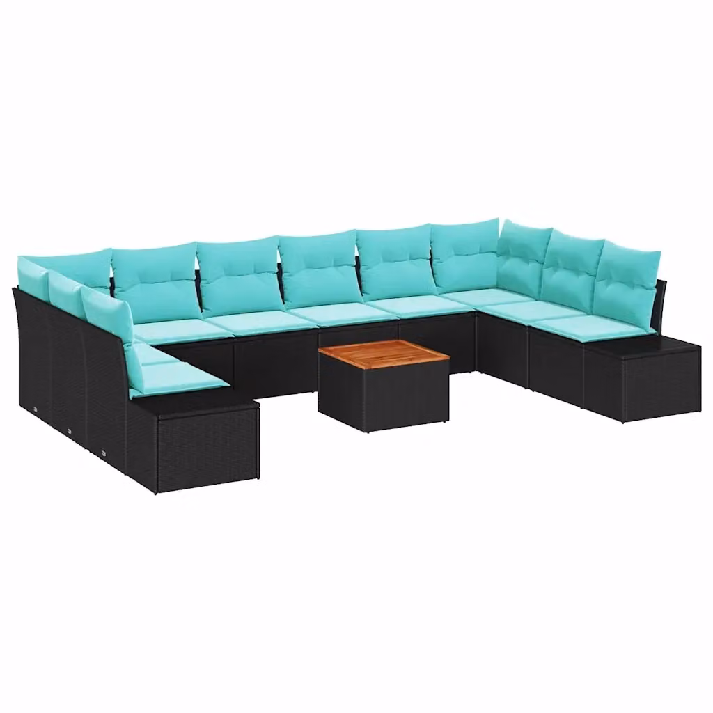 Set Divano da Giardino Moderno vidaXL a Forma a U composto da 11 Pezzi con Tavolino e Cuscini Nero e Turchese – 2