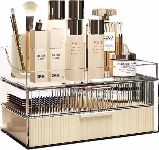 Organizzatore di cosmetici con ripiani, contenitore di stoccaggio di cosmetici a tre strati in tessuto, organizzatore di tavolo da trucco con grande capacità, organizzatore di cosmetici per camera da letto, bagno