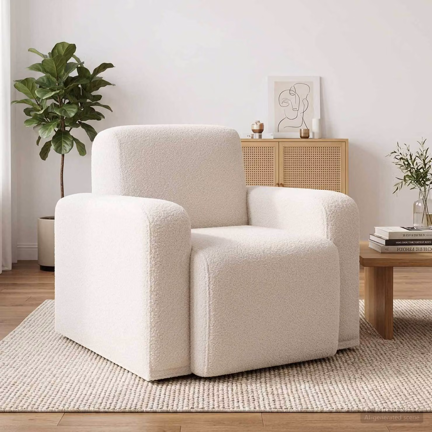 Poltrona moderna vidaXL in tessuto bouclé beige e bianco con braccioli e seduta a vasca