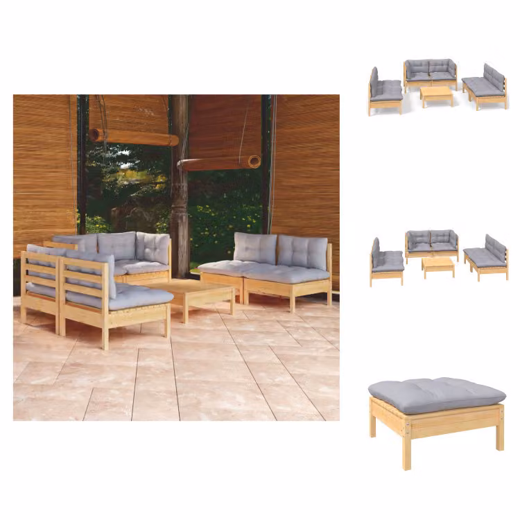 vidaXL Set di 7 pezzi da giardino con cuscini grigi in pino massiccio - Set di mobili da giardino