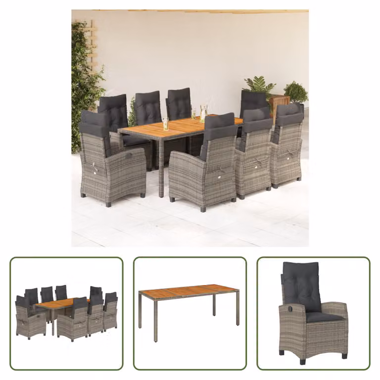 The Living Store Set da pranzo da giardino 9 pezzi con cuscini in poly rattan grigio
