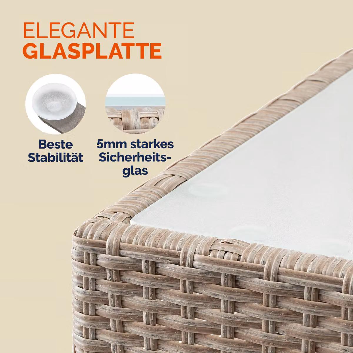 Tavolino da appoggio Casaria in polyrattan e vetro grigio L/P/H: 58 x 58 x 42 cm – 3