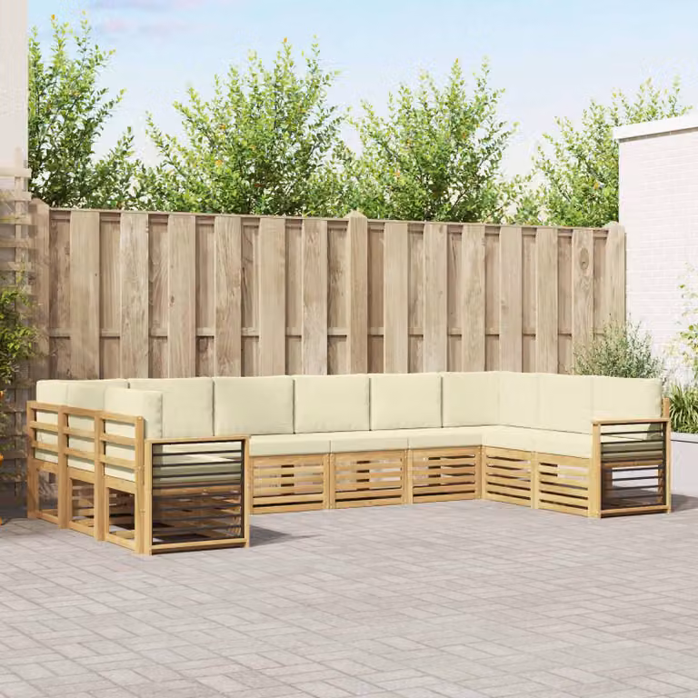 vidaXL Set di divani da esterno a forma di L composto da 10 pezzi in legno di acacia con cuscini bianchi e beige in poliestere resistente ai raggi UV