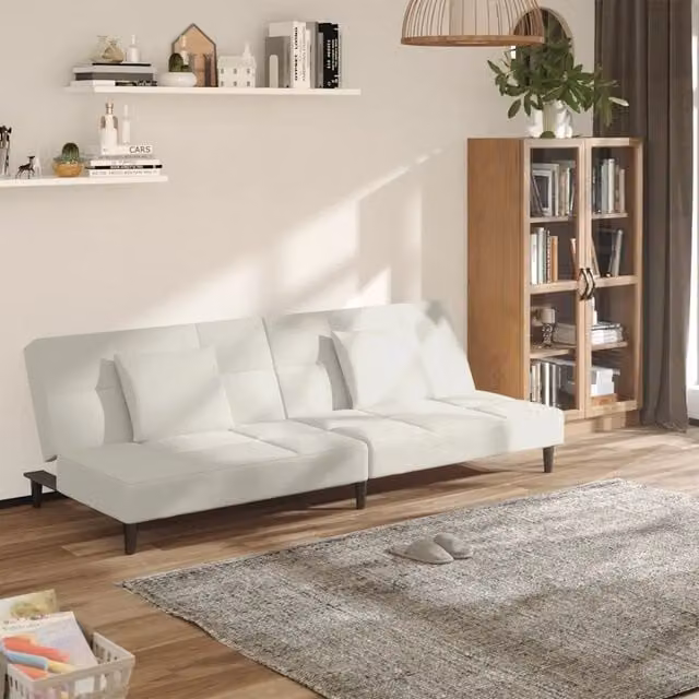 Divano Letto a 2 Posti con 2 Cuscini Crema in Velluto 375814