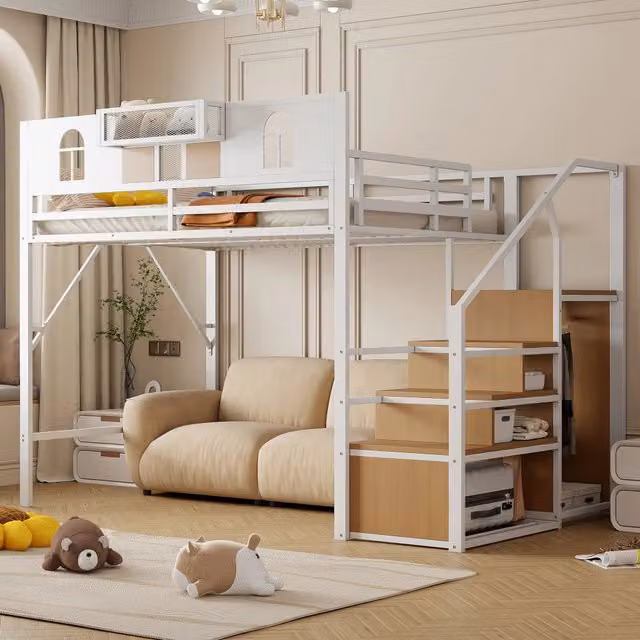 Letto a soppalco in metallo 140x200 cm con scala contenitore, finestre e ripiano laterale, bianco