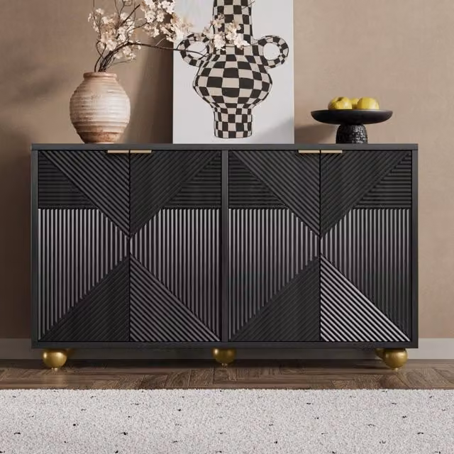 Credenza OKWISH in MDF nero e oro con dettagli geometrici per soggiorno e sala da pranzo, L/P/H: 120 x 35 x 71,5 cm