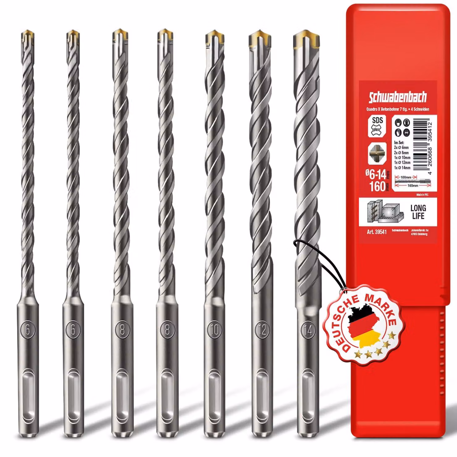 Set di punte da trapano SDS Plus per calcestruzzo, 7 pezzi, diametro 6-14 mm, lunghezza 160 mm