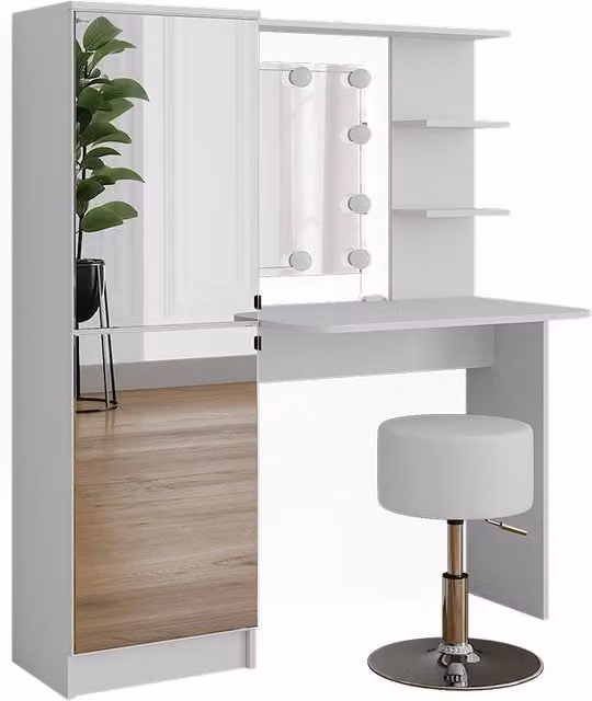 Tavolo da toeletta Jasmin Bianco 123 cm con specchio, catena luminosa LED e sgabello Vicco