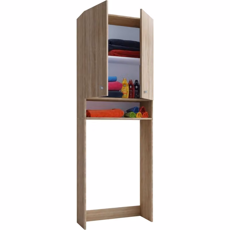Ezooza Mobile Coprilavatrice con Ripiani e Ante, Soluzione Salvaspazio per Bagno e Lavanderia, Marrone, H182 x L64 x P27 cm – 2