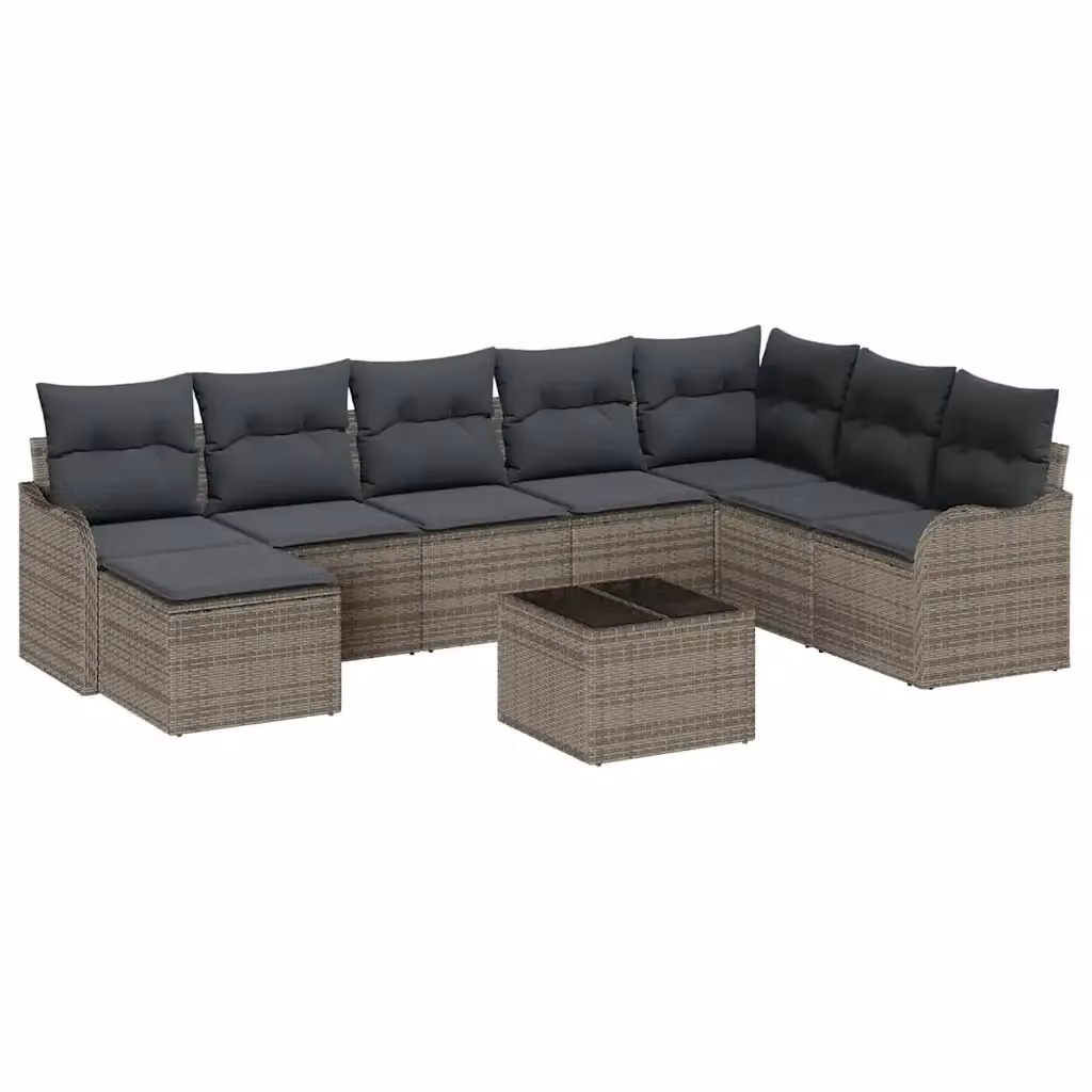 Set Divano da Giardino vidaXL 9 Pezzi a Forma di U Grigio con Cuscini e Tavolino da Esterno in Polyrattan e Metallo – 2