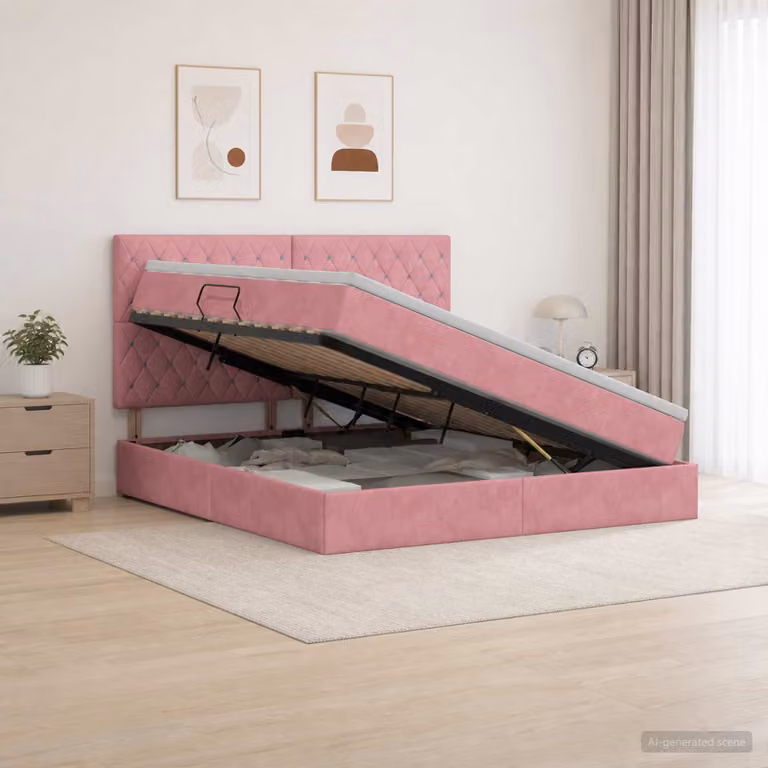 Letto con contenitore e illuminazione LED vidaXL in velluto rosa, L/P/H: 160 x 200 x 128 cm