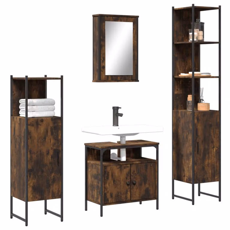 Set di mobili da bagno vidaXL 4 pezzi in legno rovere marrone con mobile lavabo, armadietto con specchio e colonna alta in stile industriale