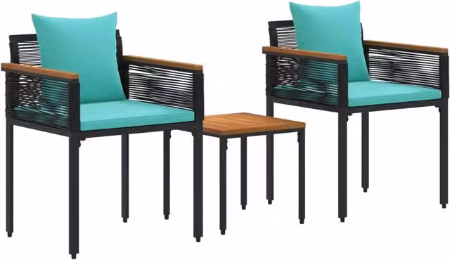 Set di mobili da esterno con poltrona lounge e tavolino da caffè in rattan e metallo, cuscini neri e turchesi inclusi