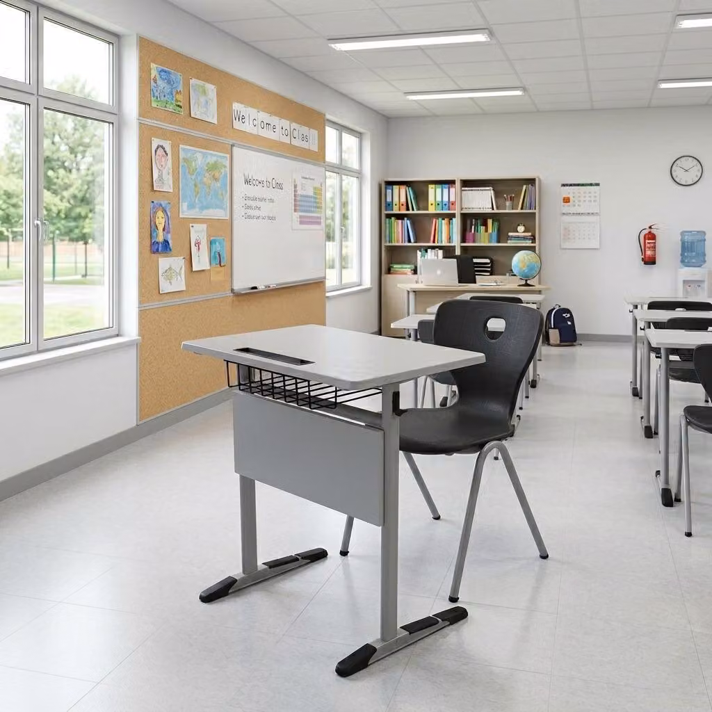 Set scolastico moderno ed ergonomico, grigio: banco da scuola nero e sedia, tavolo singolo